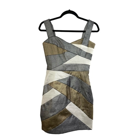 JESSICA MCCLINTOCK Platinum Bronze Cross Back Metallic Stretch Mini Dress 6 NWT - Picture 1 of 4